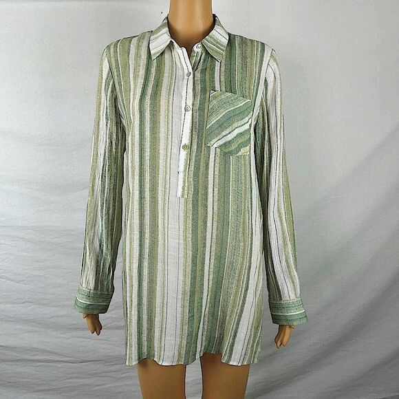 Nanette Lepore Striped Hi Low Popover Long Sleeve Side Slit Tunic Blouse Green M - Picture 1 of 10